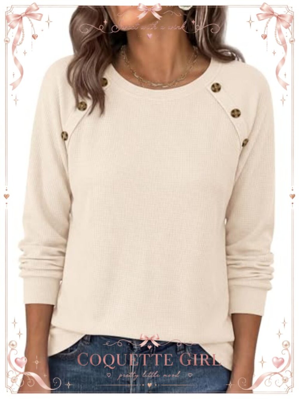 Waffle Knit Long Sleeve Tunic Top Loose Fit Raglan Sleeve Pullover